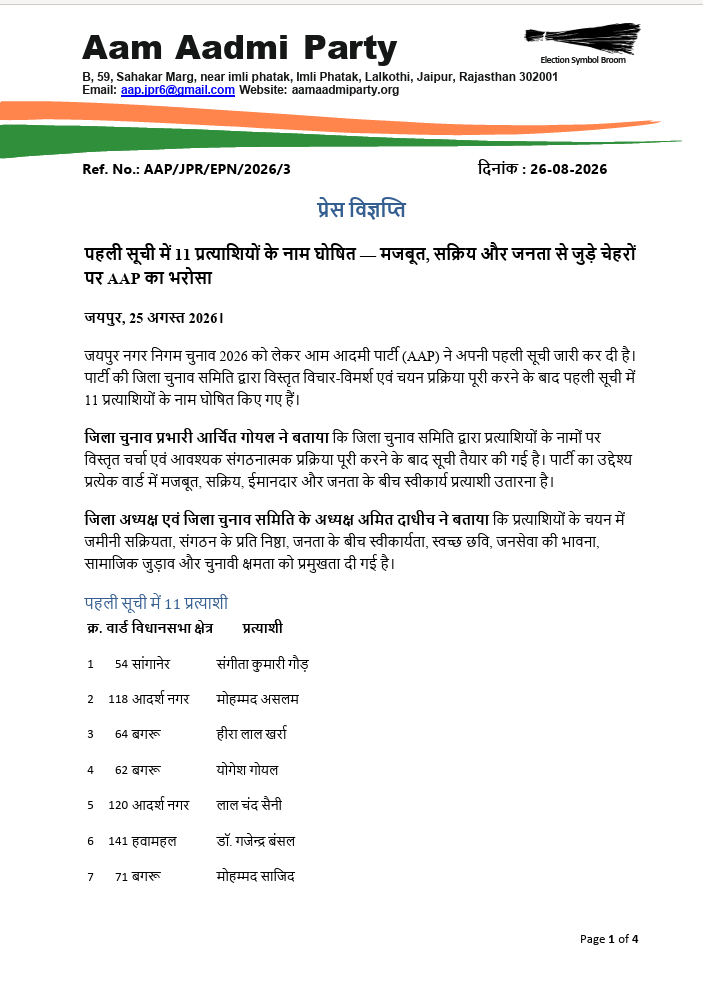 AAP ने जारी की पहली उम्मीदवार सूची
